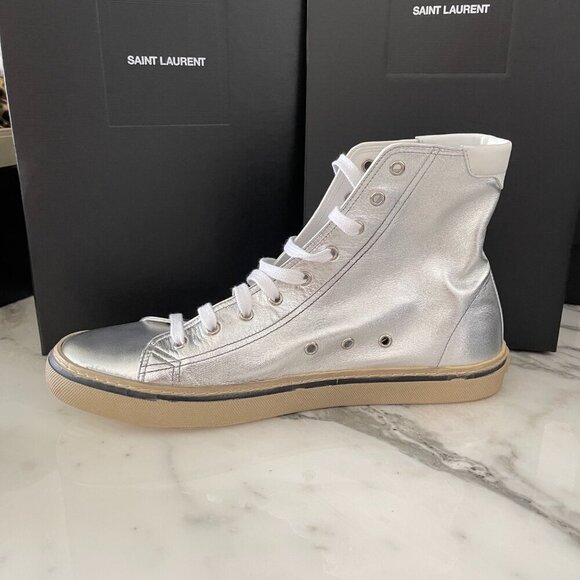 YSL Saint Laurent 711267 Metallic Silver Mens Malibu Mid-Top Sneaker Shoe, 41/45 - Picture 2 of 16